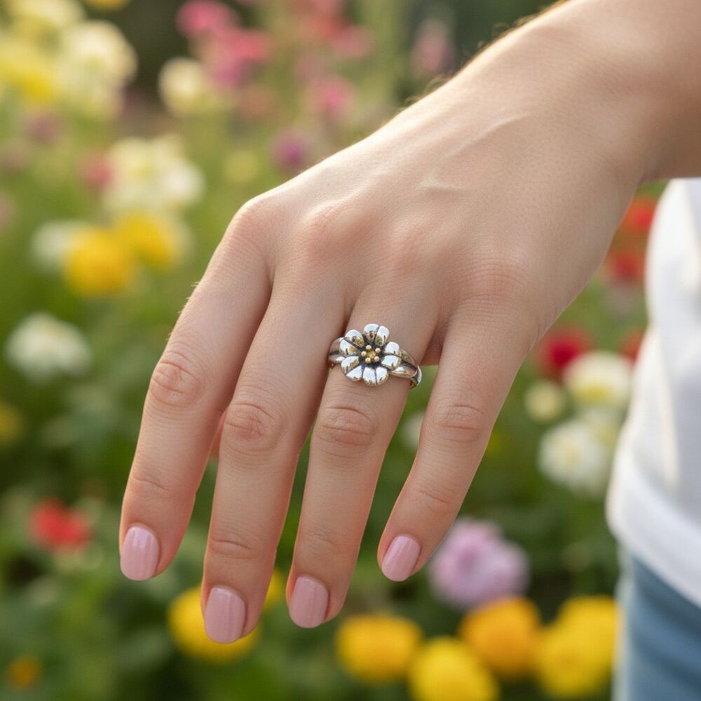 James Avery April Flower Sterling Silver and 18K Gold Retired Ring Size 6.5